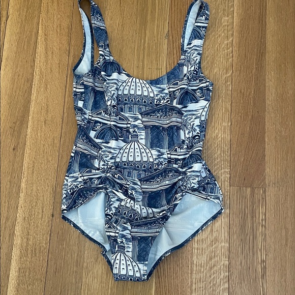 REFORMATION Topanga One Piece Blue and White Patterned Swimsuit small - Picture 3 of 10